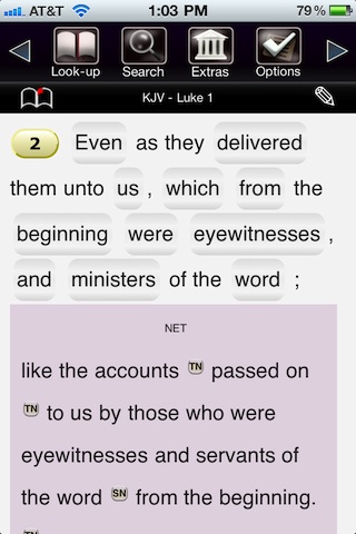 touch bible screen shot viewing two translations at one time.